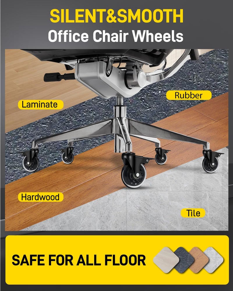 LONGADS Office Chair Caster Wheels with Brakes 5 Packs 3 in for Hardwood Floors and Low Pile Carpet,Heavy Duty Quiet Swivel Replacement -Made from Soft Premium Pu Rubber-Black - Image 4